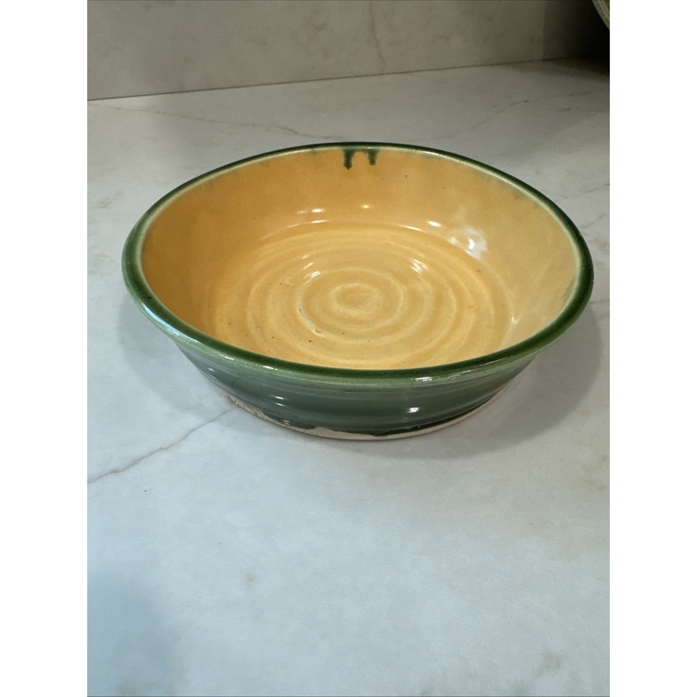 Deb Babcock Blue Sky Studio Art Pottery Handmade Green‎ Yellow Signed Bowl